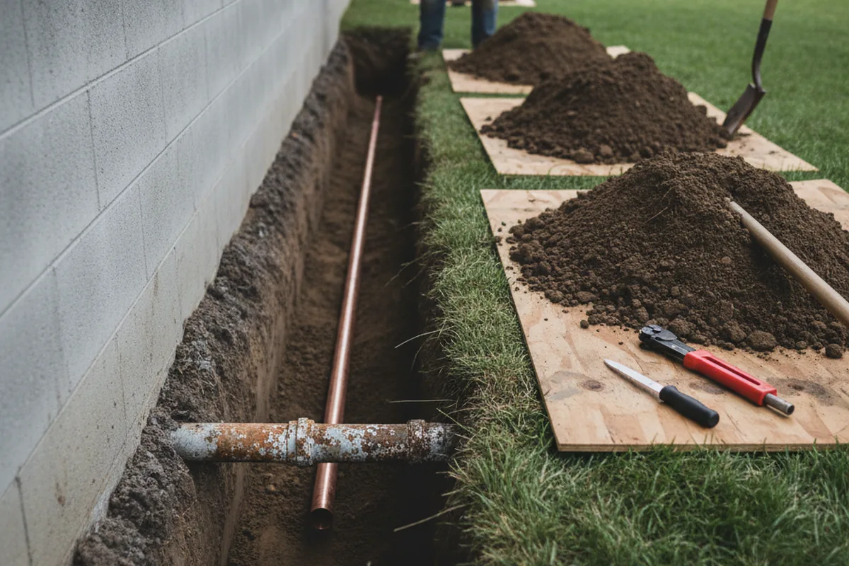 Excavated water line trench during Water Softener Installation in Warsaw
